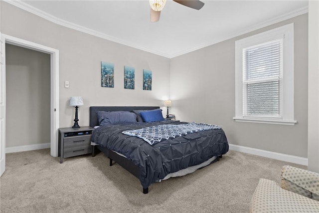 bedroom with light colored carpet, ceiling fan, and ornamental molding