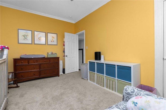 bedroom featuring crown molding and light carpet