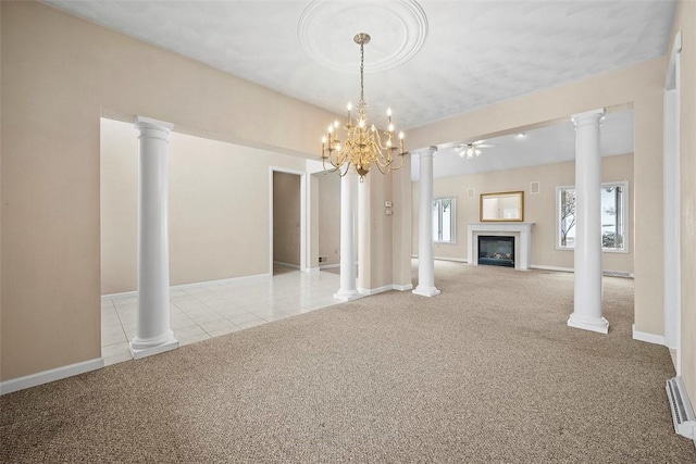 unfurnished living room with decorative columns, baseboard heating, light carpet, and ceiling fan