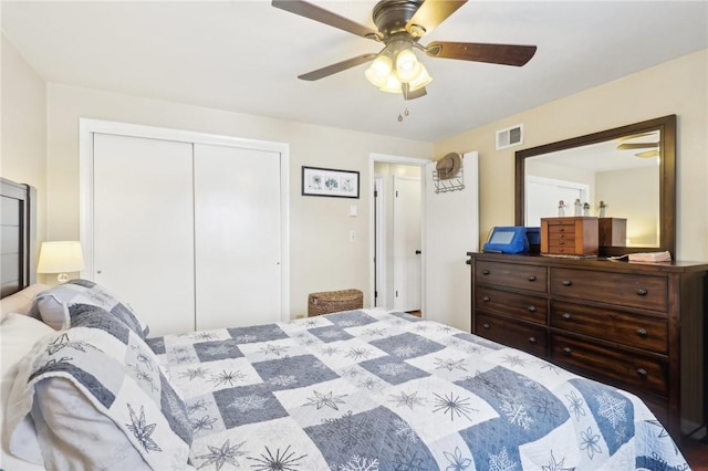 bedroom featuring ceiling fan and a closet