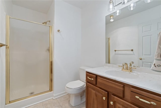 bathroom featuring vanity, a shower with shower door, tile patterned flooring, and toilet