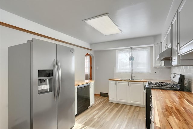 kitchen featuring white cabinets, backsplash, appliances with stainless steel finishes, and wooden counters