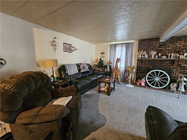 carpeted living room with a textured ceiling, beam ceiling, and a brick fireplace