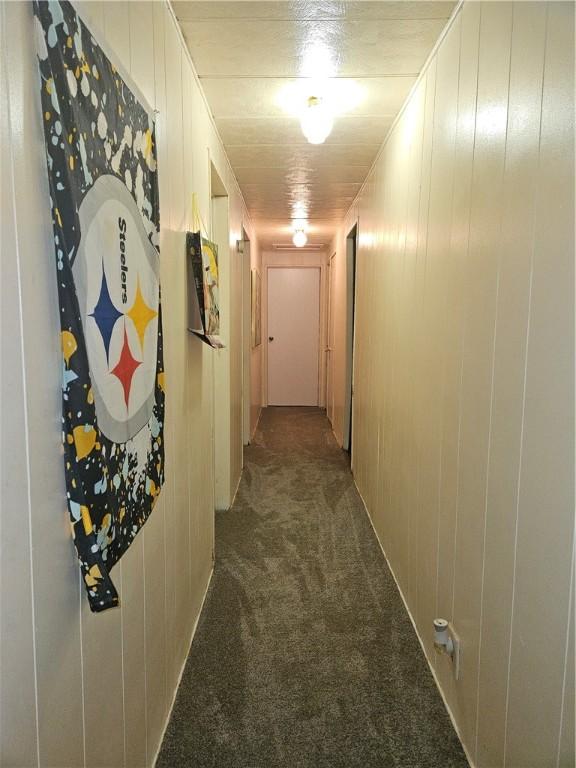 hallway with wood walls and carpet floors