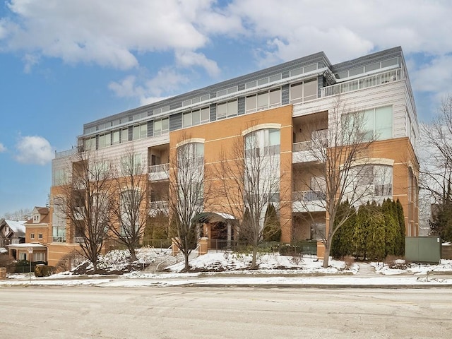 view of snow covered building