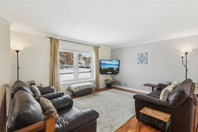 living room with crown molding and light hardwood / wood-style floors