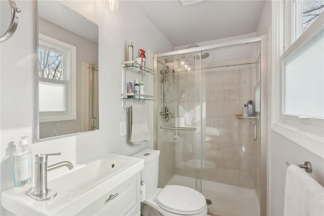 bathroom featuring vanity, toilet, and a shower with shower door