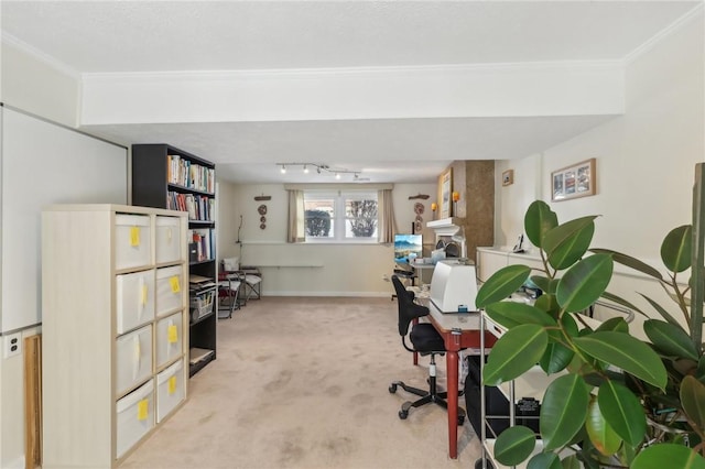 carpeted office featuring crown molding