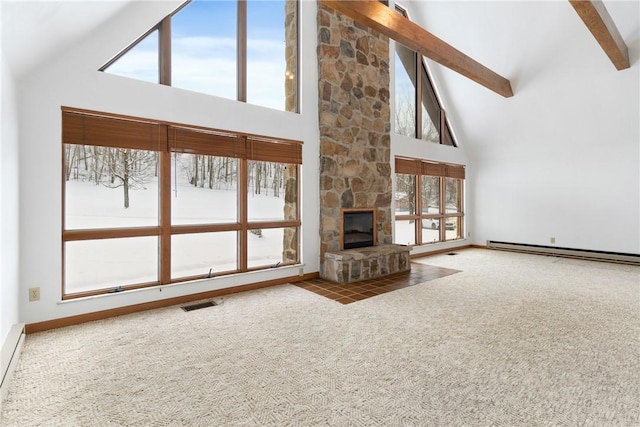 unfurnished living room featuring beamed ceiling, a fireplace, a baseboard radiator, carpet, and high vaulted ceiling