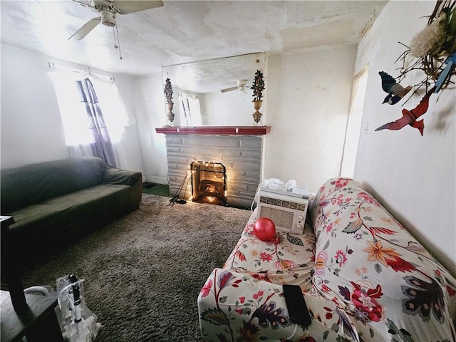 300 Winston St, Hazelwood, PA 15207 - living room with ceiling fan, carpet, a wall mounted air conditioner, and a stone fireplace