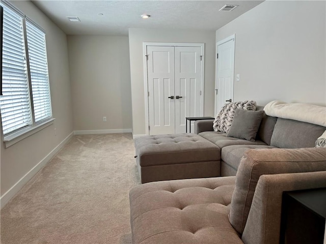 living room featuring light colored carpet