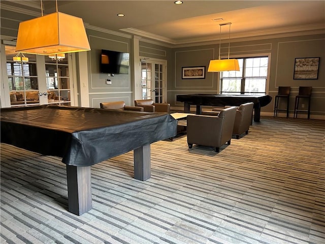 game room with crown molding, carpet, pool table, and french doors