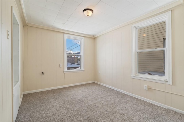 unfurnished room featuring crown molding and carpet