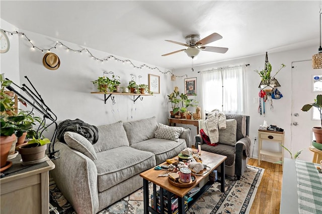 living room featuring light hardwood / wood-style floors and ceiling fan