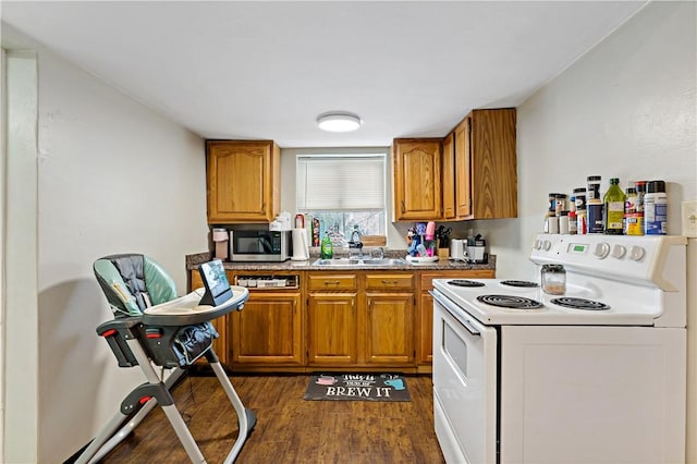 kitchen with sink, white electric stove, and dark hardwood / wood-style flooring