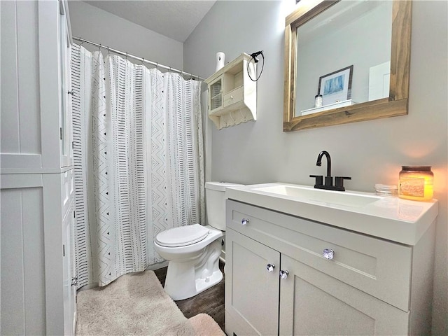 bathroom with hardwood / wood-style flooring, toilet, and vanity