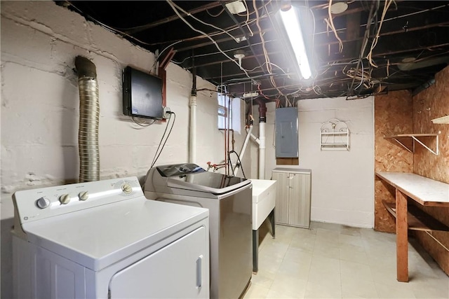 clothes washing area with washing machine and dryer and electric panel