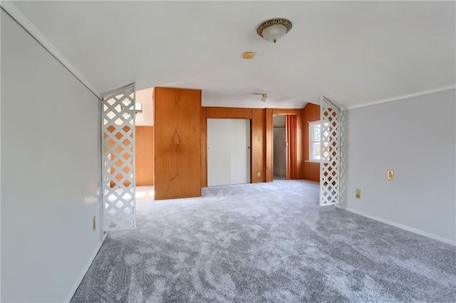 empty room featuring carpet floors and wood walls