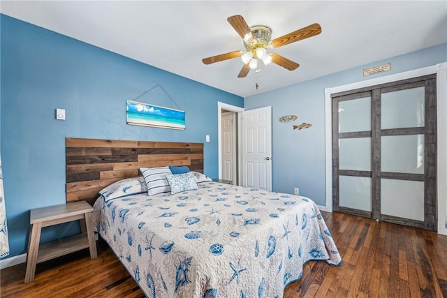 bedroom featuring a closet, ceiling fan, and dark hardwood / wood-style flooring