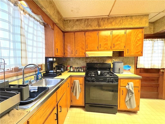 kitchen with sink, black range with gas cooktop, and a drop ceiling