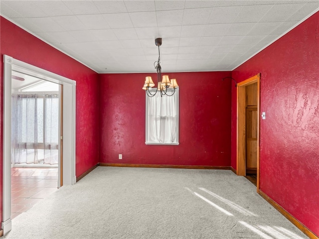 unfurnished dining area featuring carpet floors and a notable chandelier