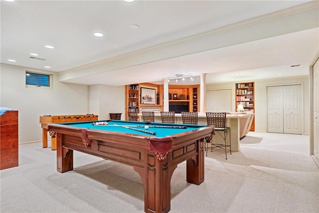 game room featuring light carpet, billiards, and crown molding