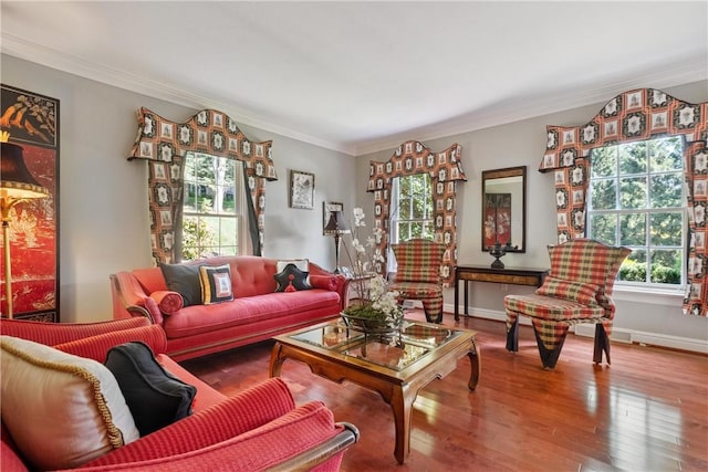 living room with hardwood / wood-style floors and ornamental molding