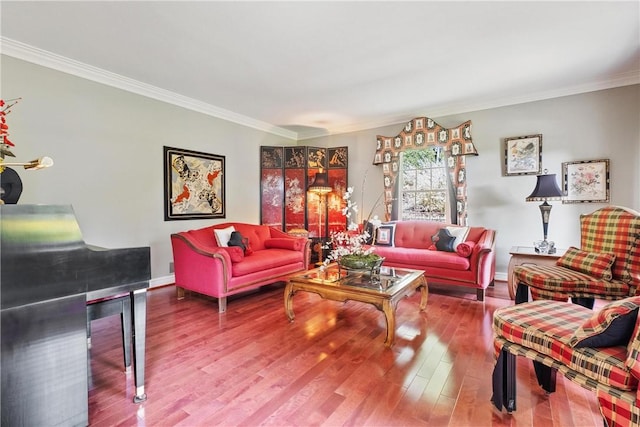 living room featuring ornamental molding and hardwood / wood-style floors