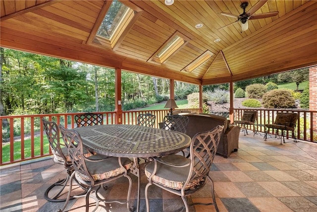 sunroom with ceiling fan, vaulted ceiling with skylight, and wood ceiling