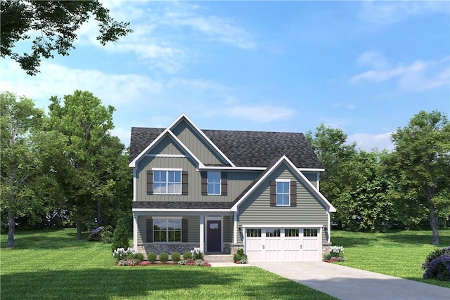 craftsman-style house with a garage and a front lawn