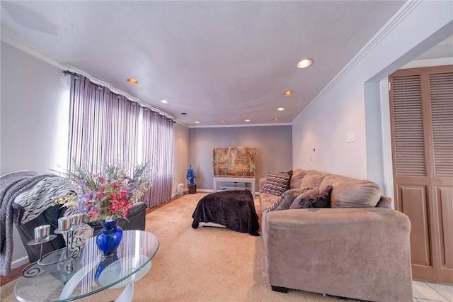 carpeted living room with ornamental molding