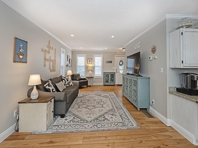 living room with crown molding and light wood-type flooring