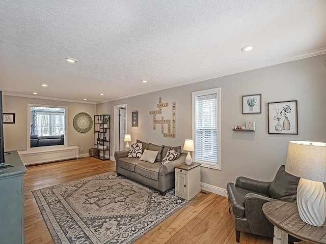 living room with crown molding, a healthy amount of sunlight, light hardwood / wood-style floors, and a textured ceiling