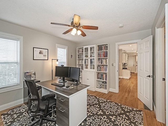 home office featuring a wealth of natural light, a textured ceiling, and light wood-type flooring