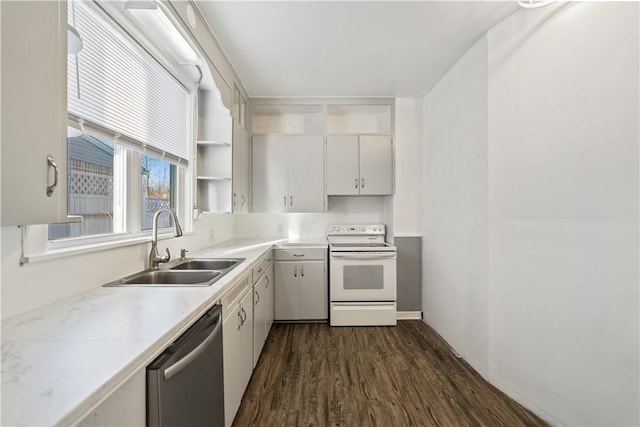 kitchen featuring white range with electric cooktop, dishwasher, sink, dark wood-type flooring, and white cabinetry