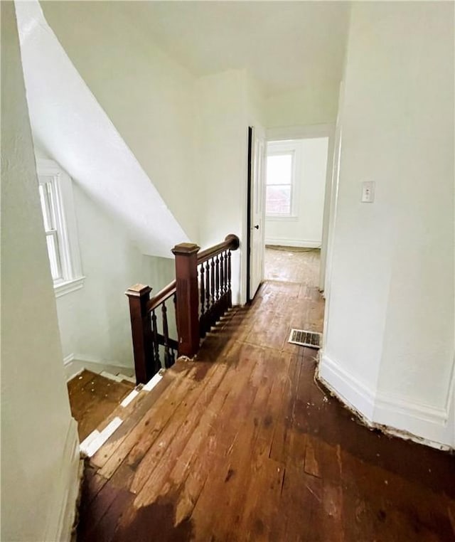 hall with dark wood-type flooring and lofted ceiling