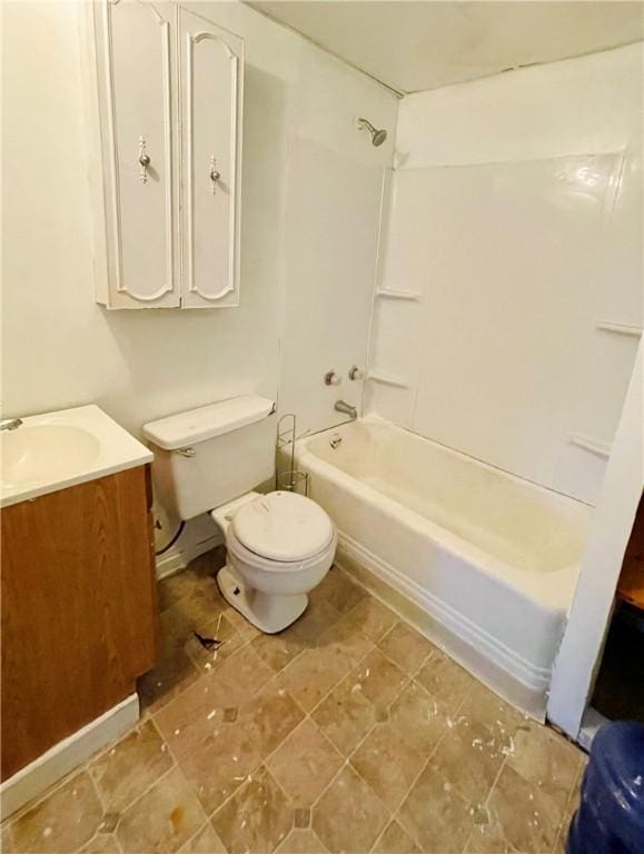 full bathroom with washtub / shower combination, toilet, and vanity