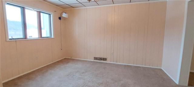 carpeted empty room featuring wood walls