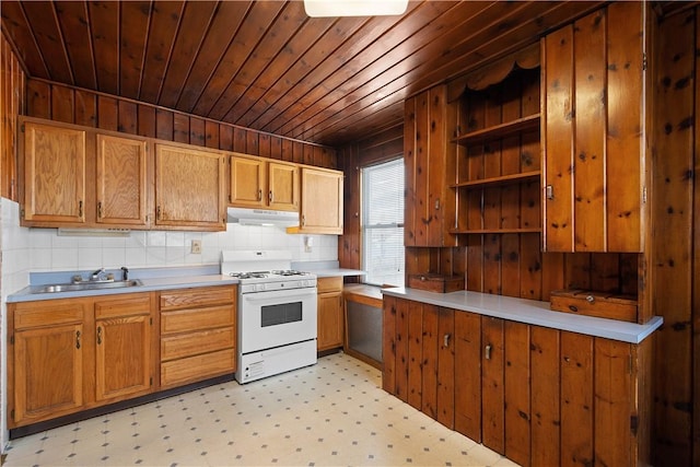 kitchen featuring sink, wood ceiling, and white range with gas cooktop