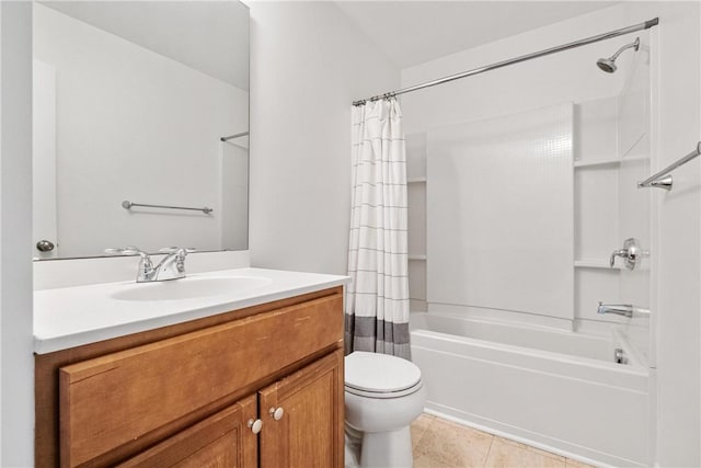 full bathroom with vanity, toilet, tile patterned floors, and shower / bathtub combination with curtain