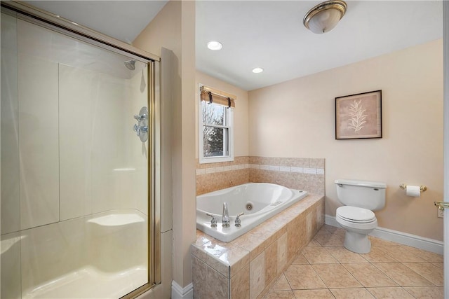 bathroom featuring toilet, tile patterned floors, and plus walk in shower