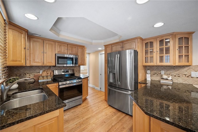 kitchen with tasteful backsplash, sink, light wood-type flooring, stainless steel appliances, and a tray ceiling