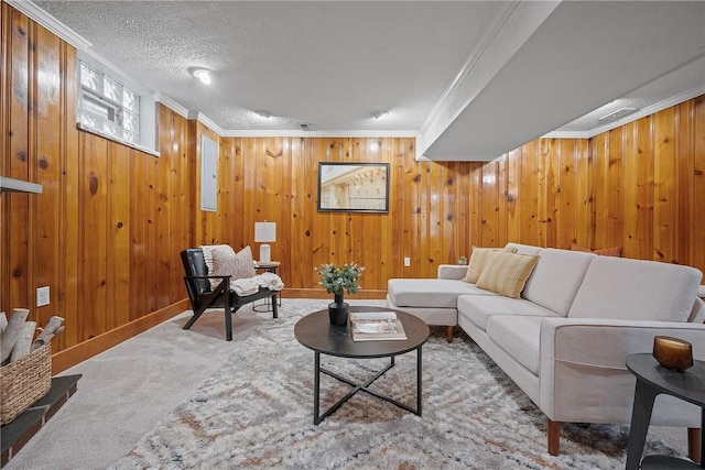 living room featuring light colored carpet, a textured ceiling, and crown molding