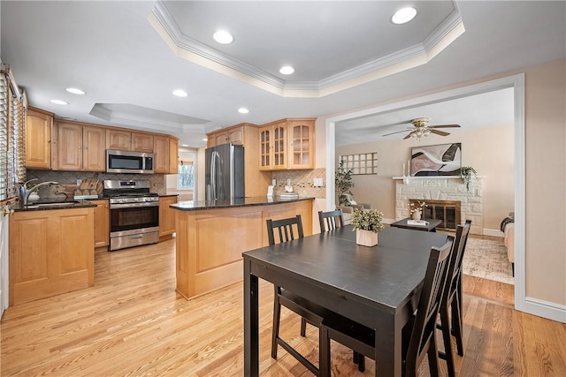 kitchen featuring sink, light wood-type flooring, a tray ceiling, and stainless steel appliances