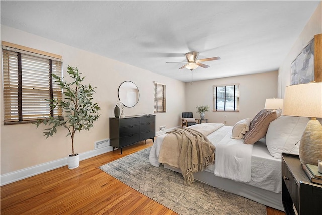 bedroom with ceiling fan and wood-type flooring