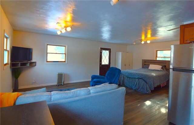 bedroom featuring stainless steel refrigerator, dark wood-type flooring, and multiple windows