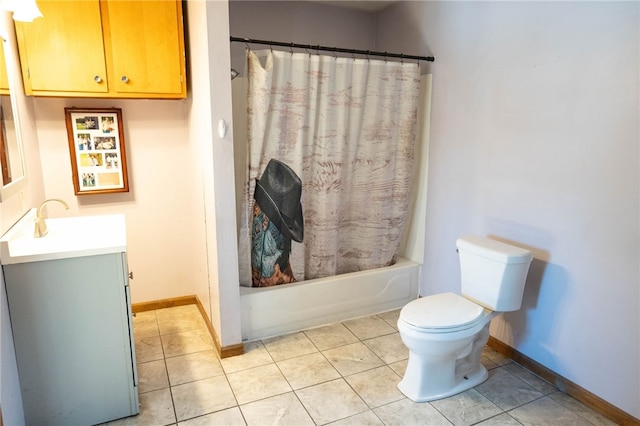 full bathroom with toilet, tile patterned floors, shower / bathtub combination with curtain, and vanity