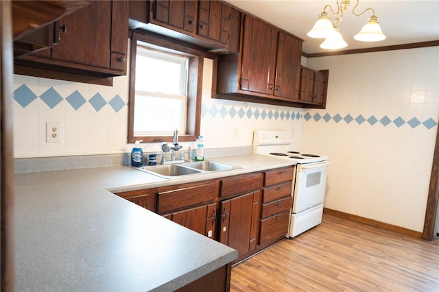 kitchen with electric stove, sink, hanging light fixtures, decorative backsplash, and light wood-type flooring