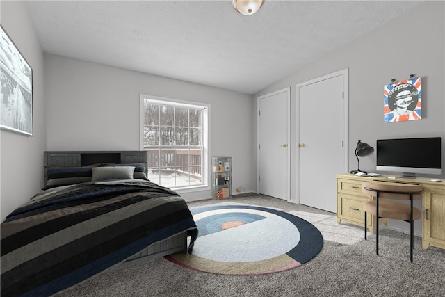 carpeted bedroom with lofted ceiling and a textured ceiling