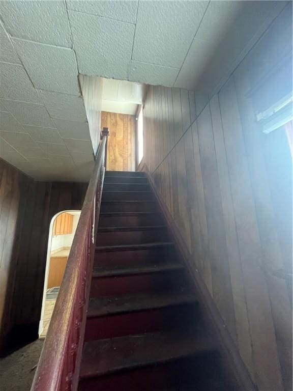 stairway with wood walls